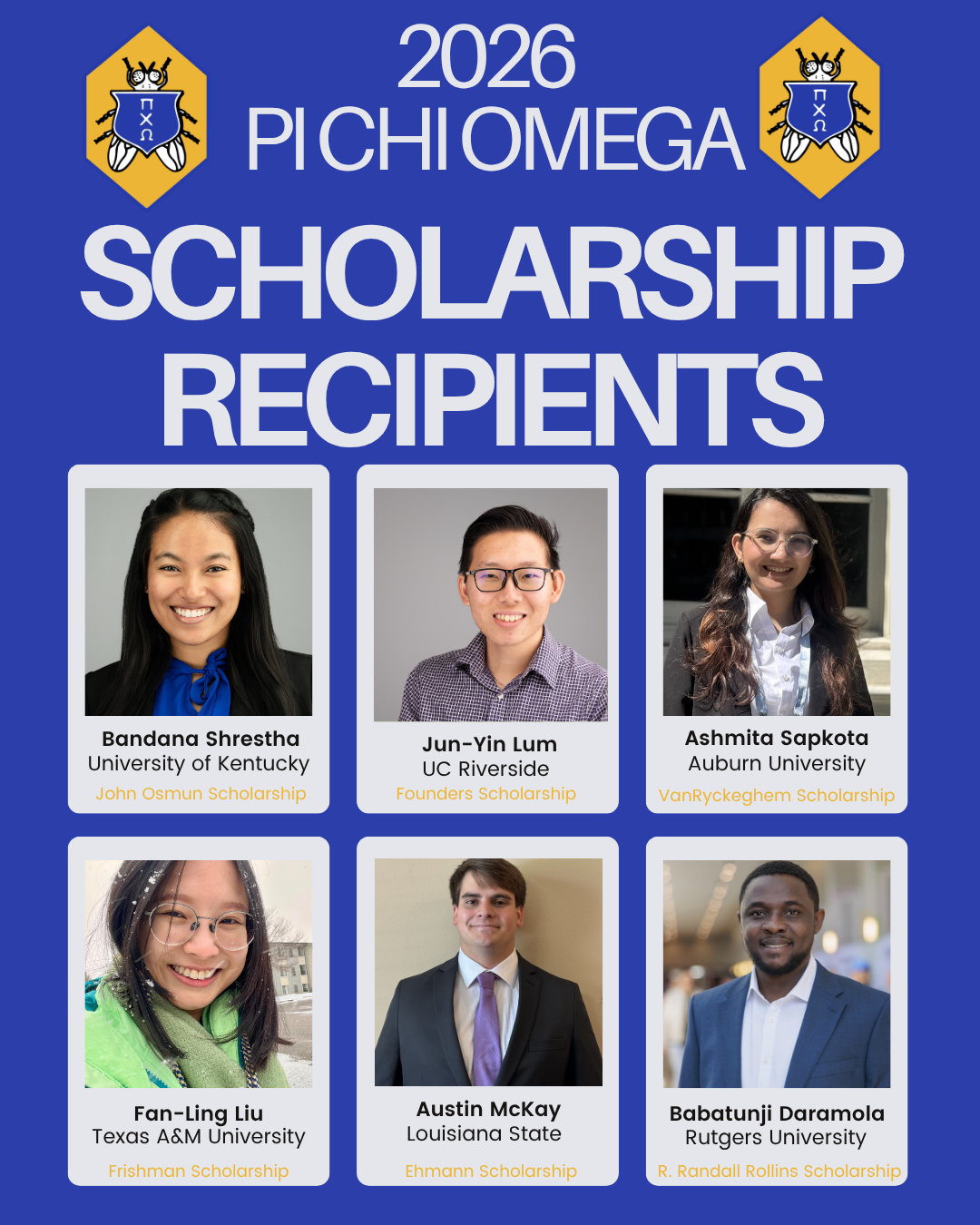 Pi Chi Omega Awards 6 Scholarships to Students Pursuing Studies in Entomology